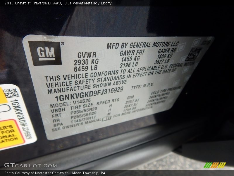 Blue Velvet Metallic / Ebony 2015 Chevrolet Traverse LT AWD
