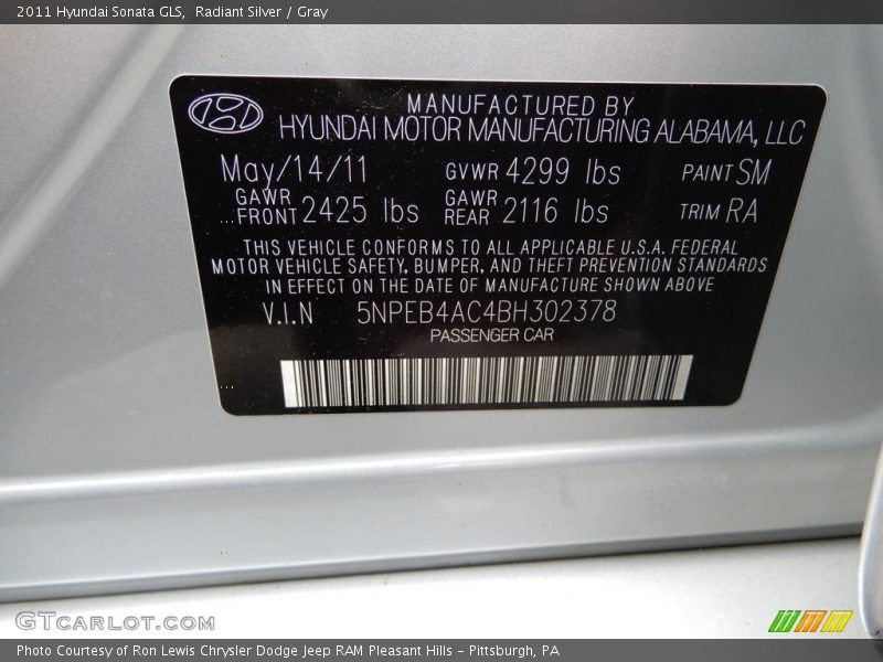Radiant Silver / Gray 2011 Hyundai Sonata GLS