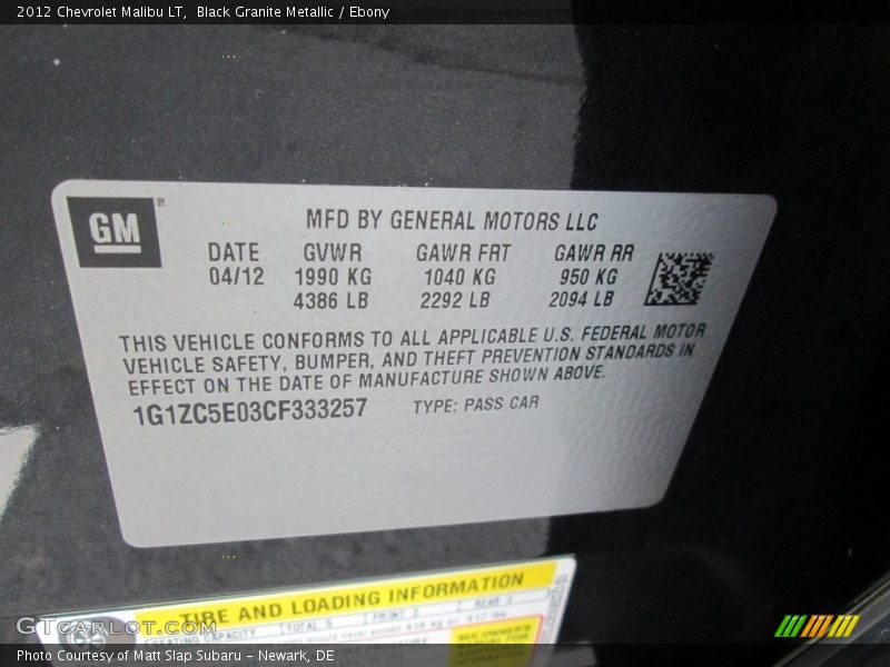 Black Granite Metallic / Ebony 2012 Chevrolet Malibu LT
