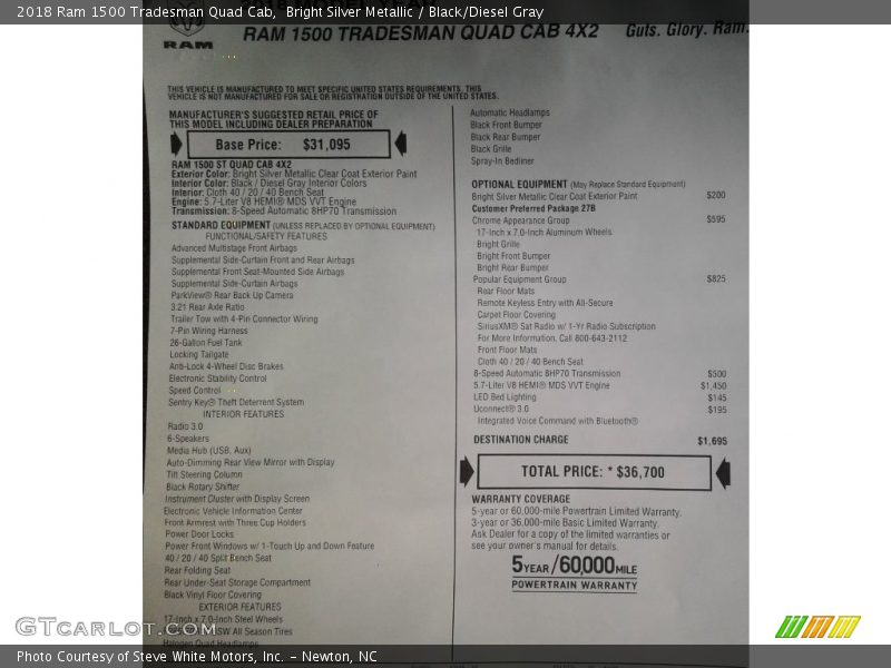 Bright Silver Metallic / Black/Diesel Gray 2018 Ram 1500 Tradesman Quad Cab