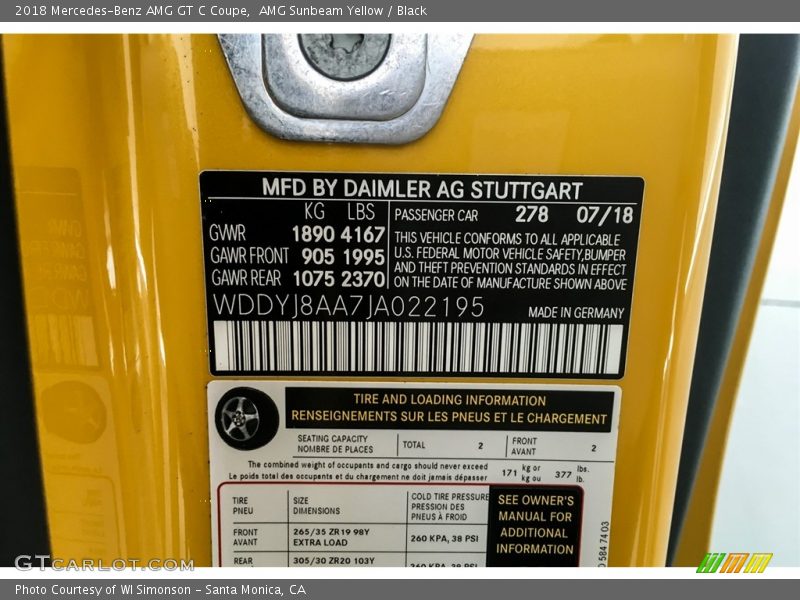 2018 AMG GT C Coupe AMG Sunbeam Yellow Color Code 278