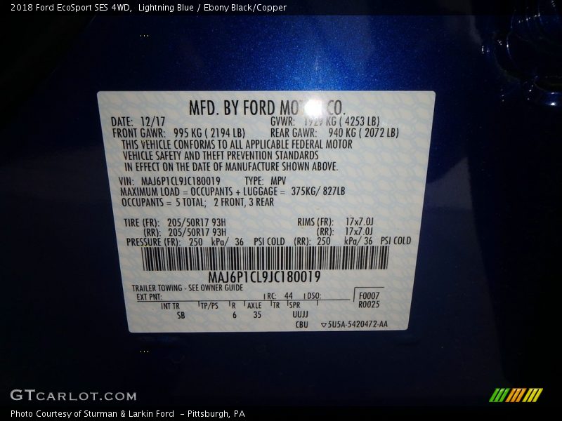 Lightning Blue / Ebony Black/Copper 2018 Ford EcoSport SES 4WD