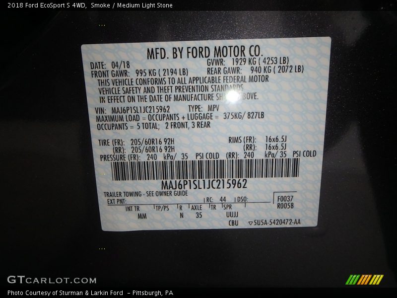 Smoke / Medium Light Stone 2018 Ford EcoSport S 4WD