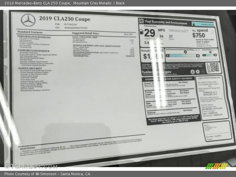  2019 CLA 250 Coupe Window Sticker