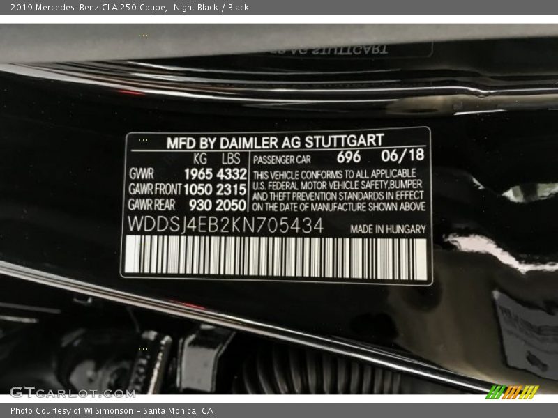 2019 CLA 250 Coupe Night Black Color Code 696