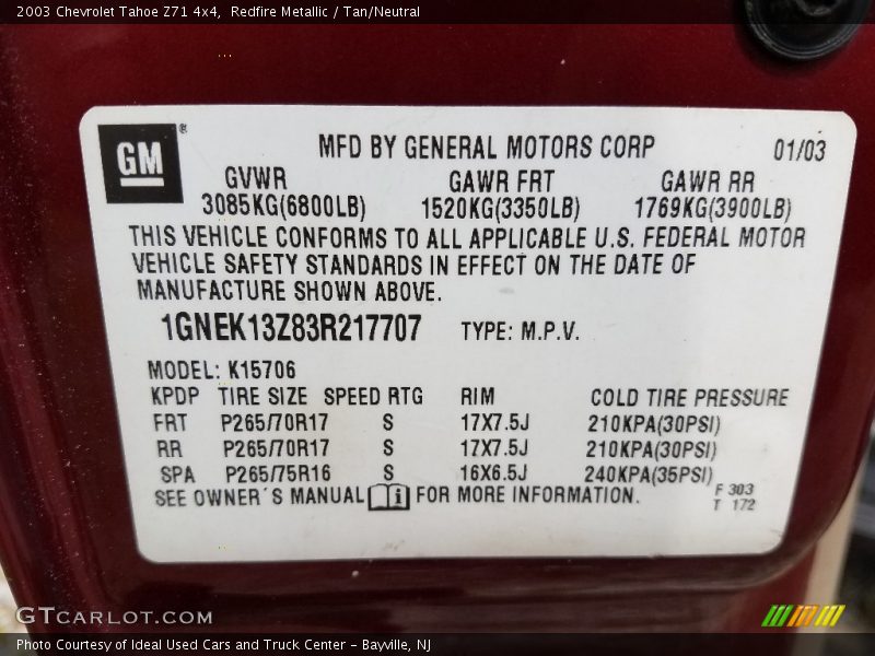 Redfire Metallic / Tan/Neutral 2003 Chevrolet Tahoe Z71 4x4