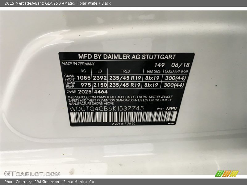 2019 GLA 250 4Matic Polar White Color Code 149