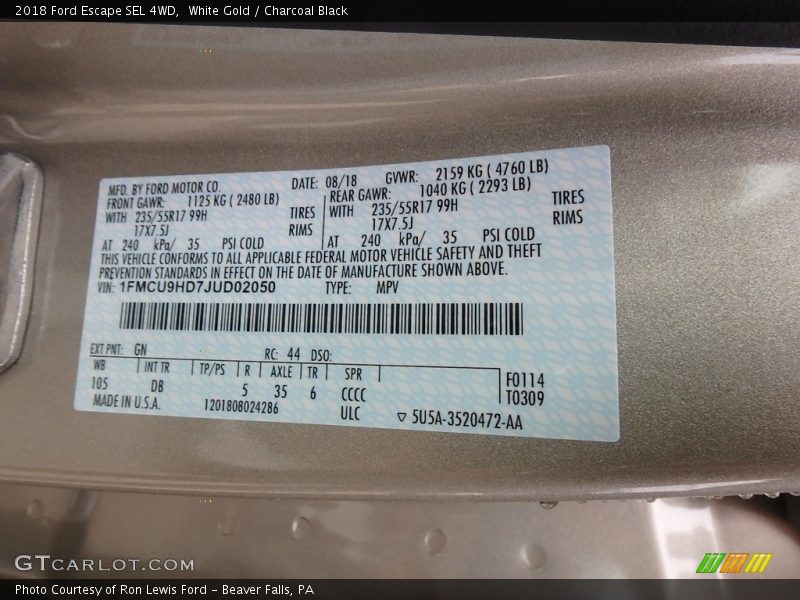 White Gold / Charcoal Black 2018 Ford Escape SEL 4WD