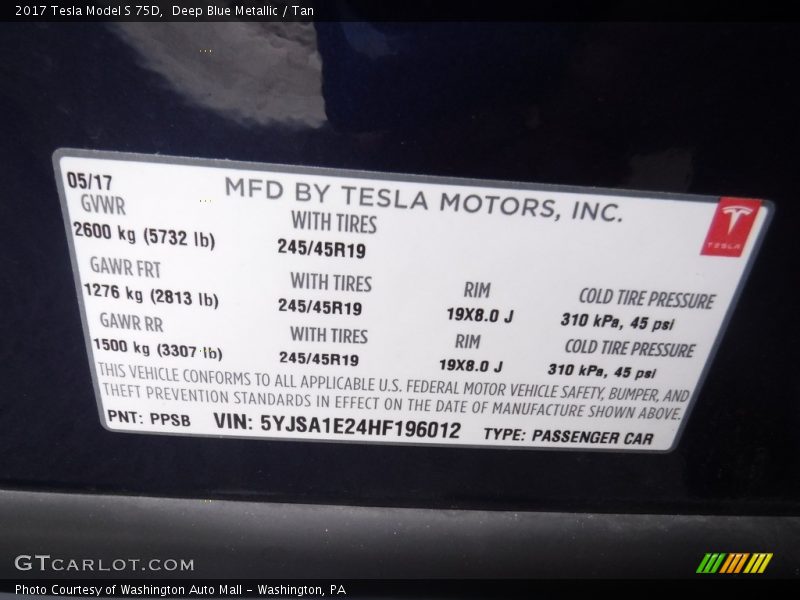 Info Tag of 2017 Model S 75D