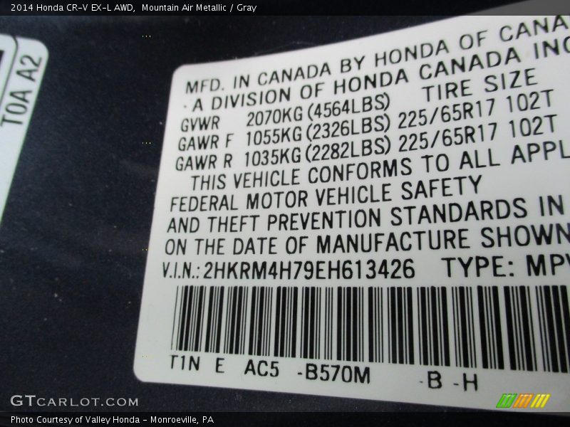 Mountain Air Metallic / Gray 2014 Honda CR-V EX-L AWD