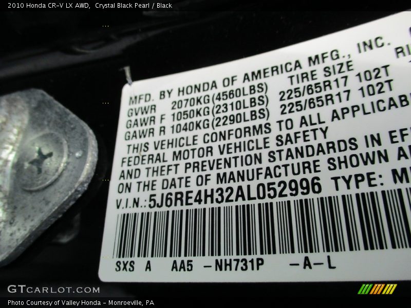Crystal Black Pearl / Black 2010 Honda CR-V LX AWD