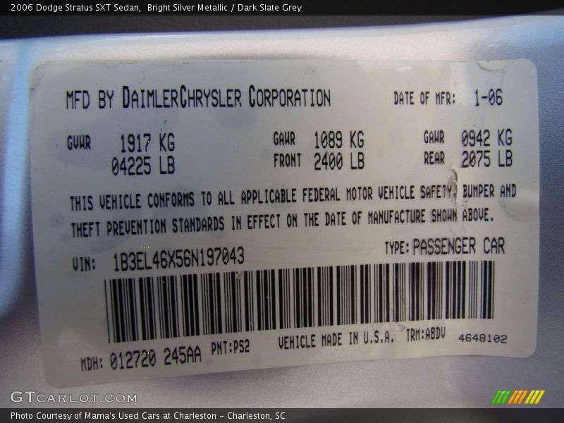 Bright Silver Metallic / Dark Slate Grey 2006 Dodge Stratus SXT Sedan