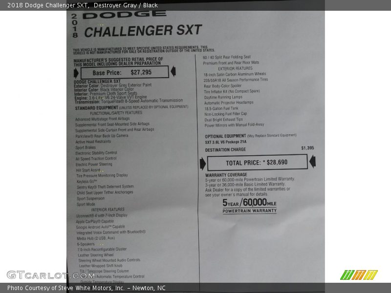 Destroyer Gray / Black 2018 Dodge Challenger SXT