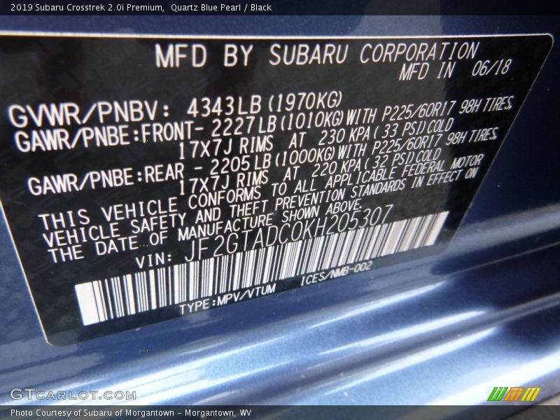 Quartz Blue Pearl / Black 2019 Subaru Crosstrek 2.0i Premium