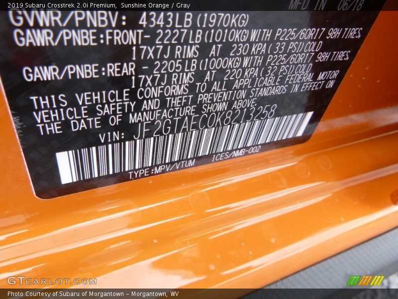 Sunshine Orange / Gray 2019 Subaru Crosstrek 2.0i Premium