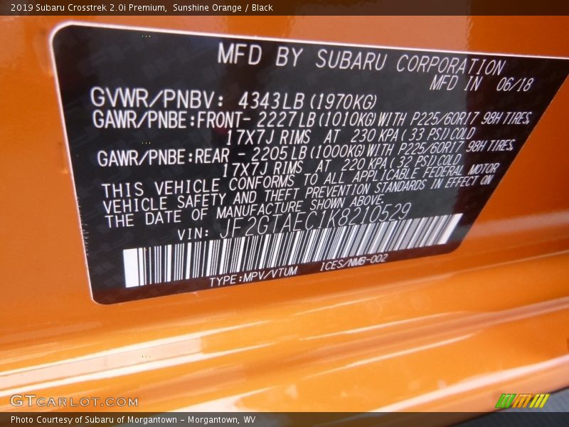 Sunshine Orange / Black 2019 Subaru Crosstrek 2.0i Premium