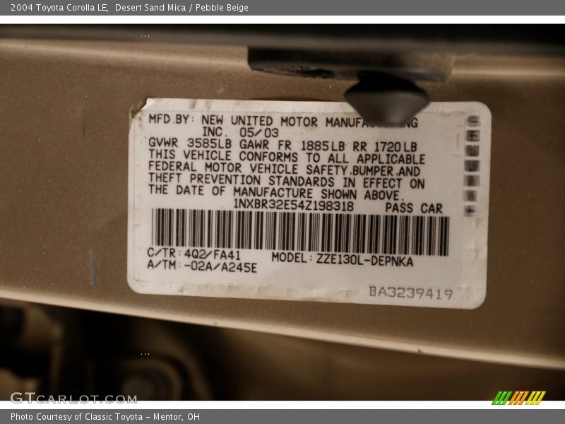 Desert Sand Mica / Pebble Beige 2004 Toyota Corolla LE