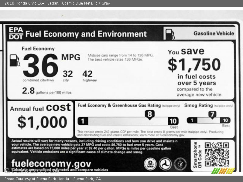 Cosmic Blue Metallic / Gray 2018 Honda Civic EX-T Sedan