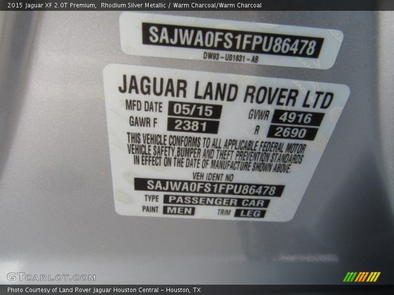 Rhodium Silver Metallic / Warm Charcoal/Warm Charcoal 2015 Jaguar XF 2.0T Premium