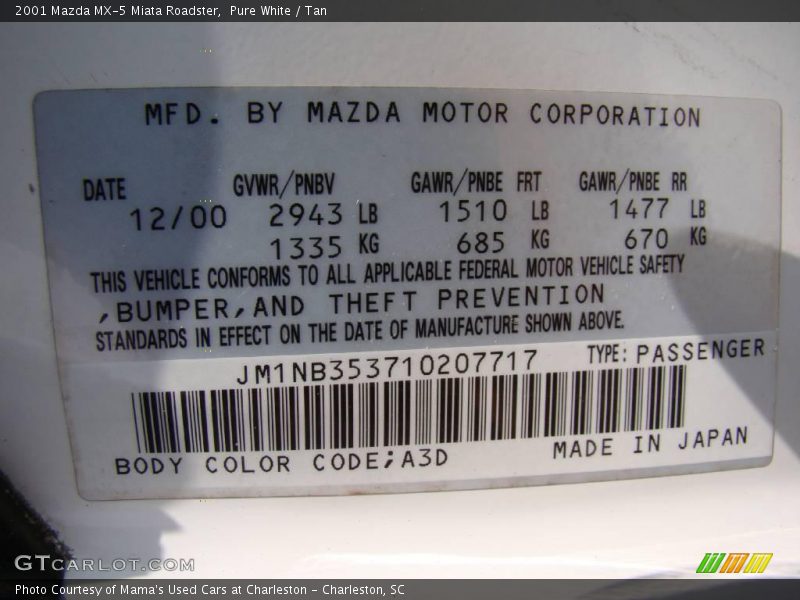 Pure White / Tan 2001 Mazda MX-5 Miata Roadster