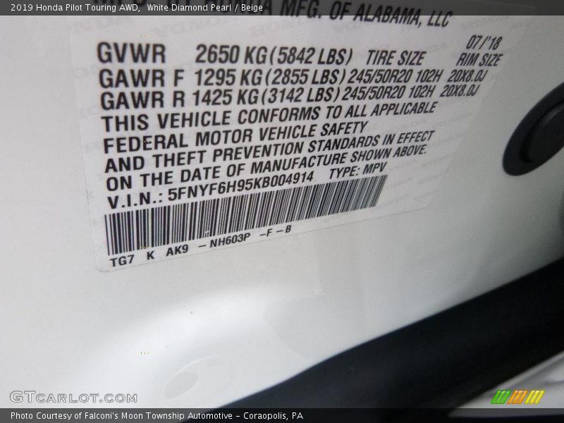 White Diamond Pearl / Beige 2019 Honda Pilot Touring AWD