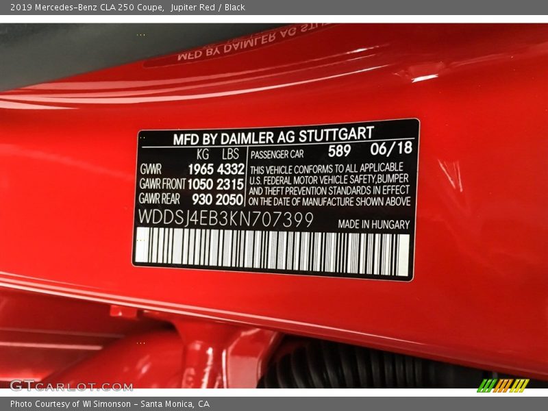 2019 CLA 250 Coupe Jupiter Red Color Code 589
