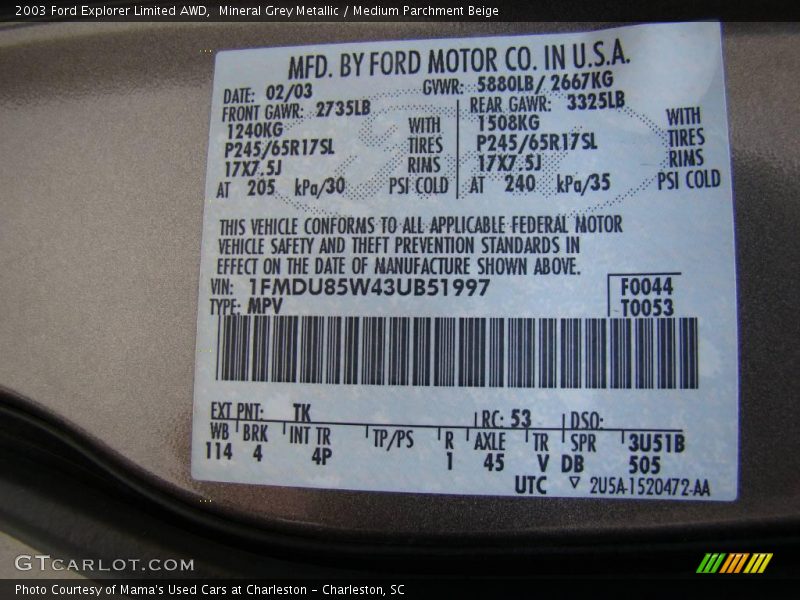 Mineral Grey Metallic / Medium Parchment Beige 2003 Ford Explorer Limited AWD