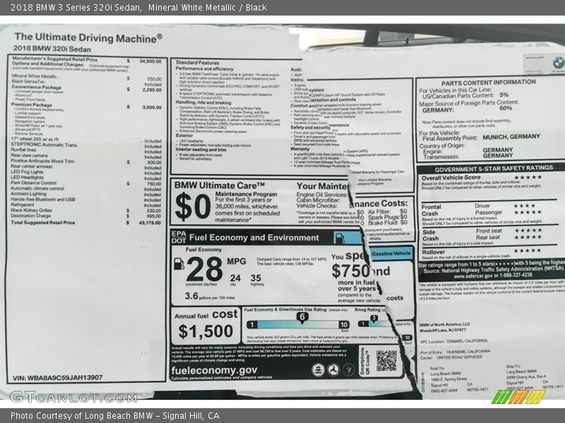Mineral White Metallic / Black 2018 BMW 3 Series 320i Sedan