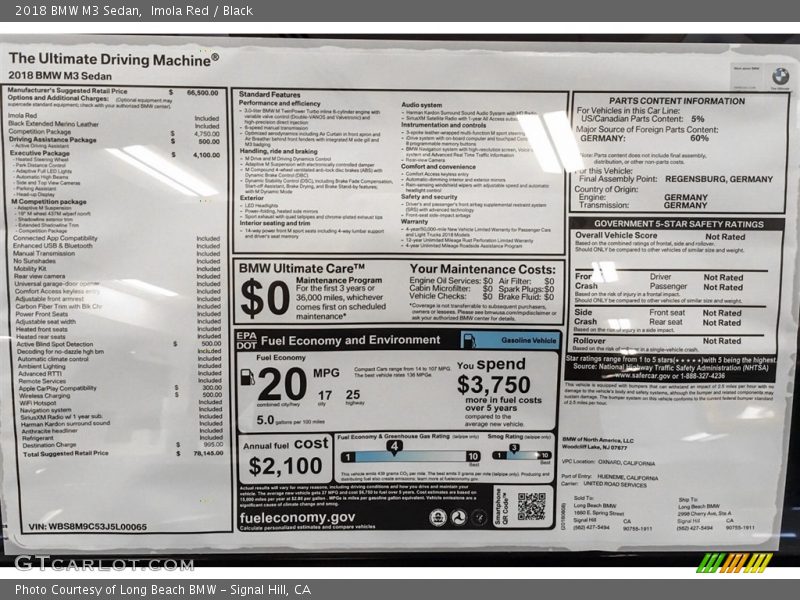  2018 M3 Sedan Window Sticker