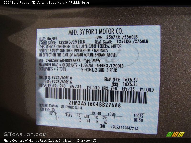 Arizona Beige Metallic / Pebble Beige 2004 Ford Freestar SE