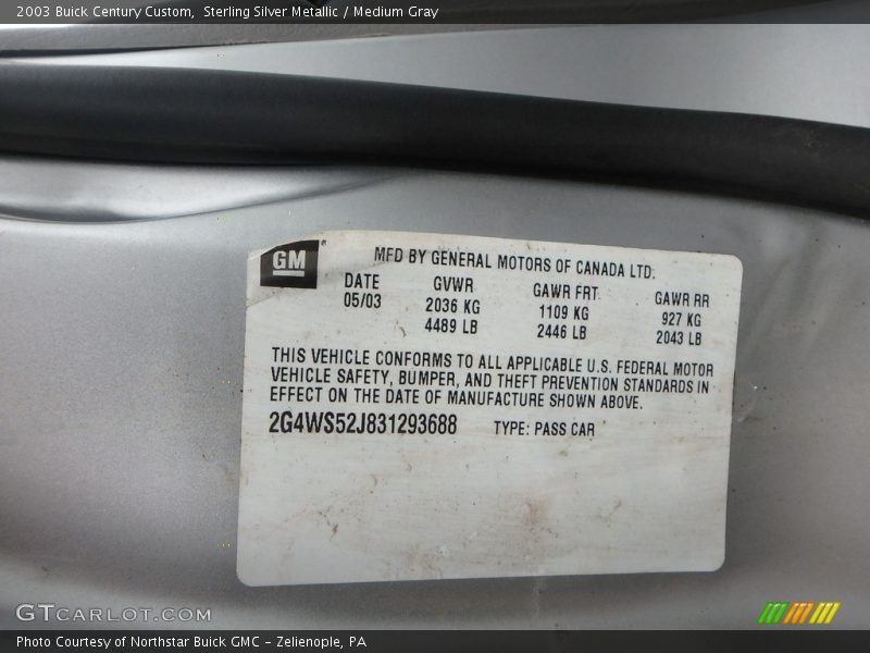 Sterling Silver Metallic / Medium Gray 2003 Buick Century Custom
