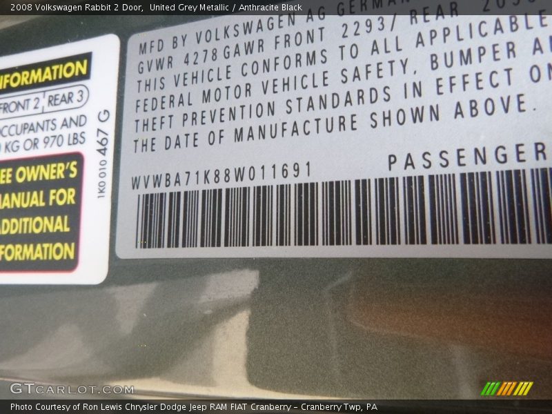United Grey Metallic / Anthracite Black 2008 Volkswagen Rabbit 2 Door