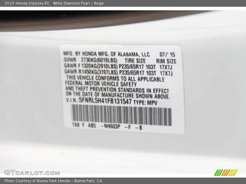 White Diamond Pearl / Beige 2015 Honda Odyssey EX