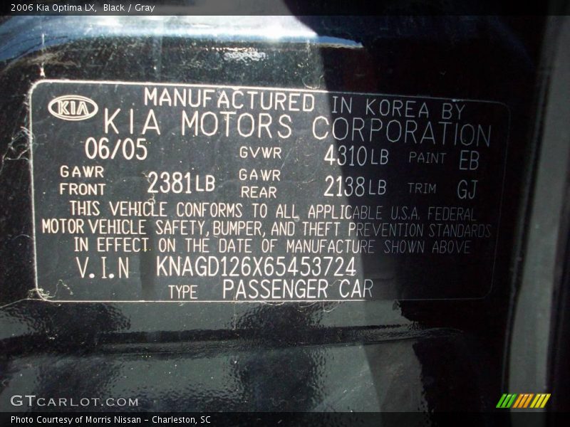 Black / Gray 2006 Kia Optima LX