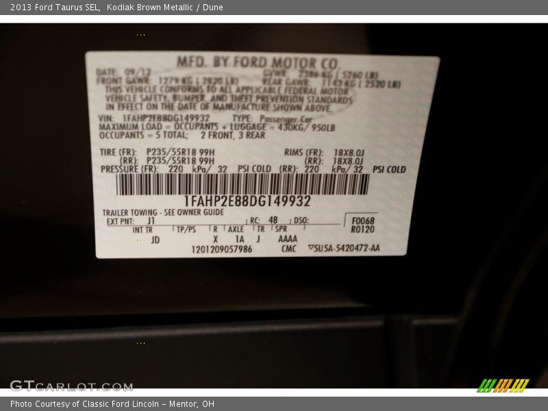 Kodiak Brown Metallic / Dune 2013 Ford Taurus SEL