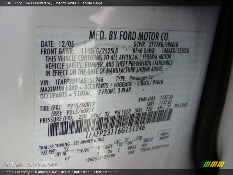 Oxford White / Pebble Beige 2006 Ford Five Hundred SE