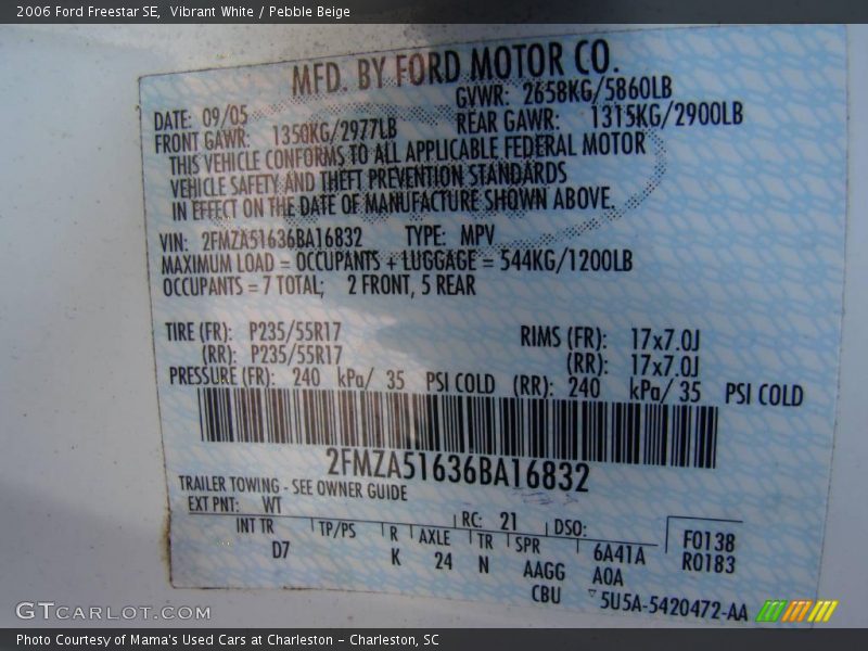 Vibrant White / Pebble Beige 2006 Ford Freestar SE