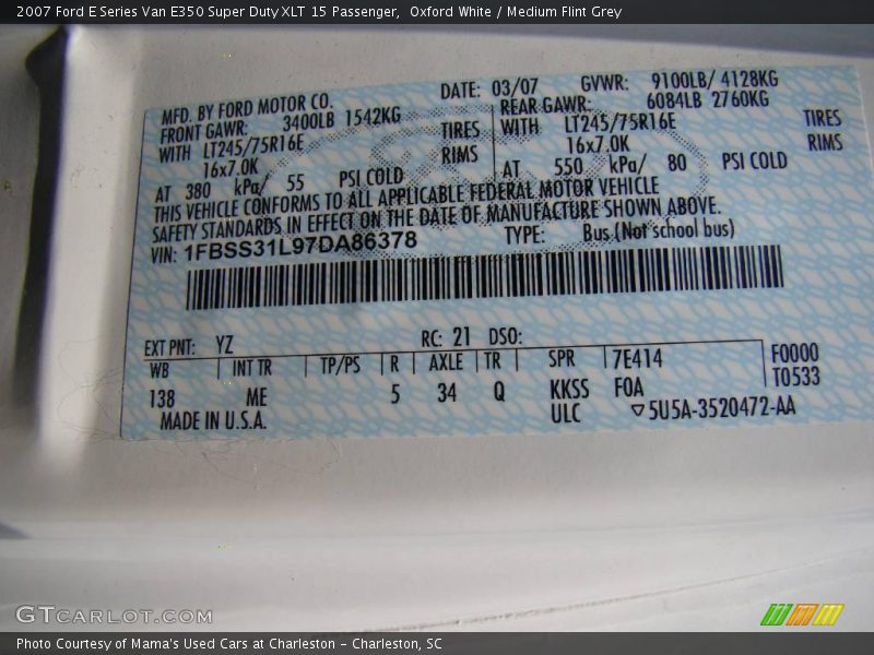 Oxford White / Medium Flint Grey 2007 Ford E Series Van E350 Super Duty XLT 15 Passenger