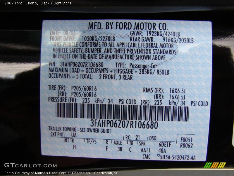 Black / Light Stone 2007 Ford Fusion S