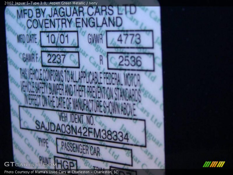 Aspen Green Metallic / Ivory 2002 Jaguar S-Type 3.0