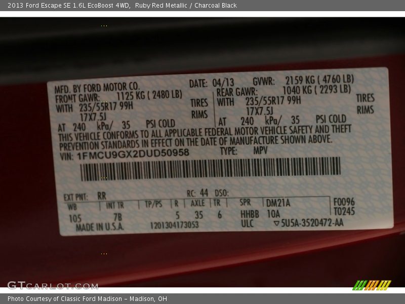 Ruby Red Metallic / Charcoal Black 2013 Ford Escape SE 1.6L EcoBoost 4WD