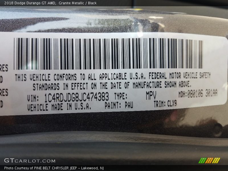 Granite Metallic / Black 2018 Dodge Durango GT AWD