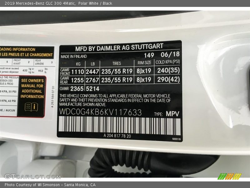 2019 GLC 300 4Matic Polar White Color Code 149