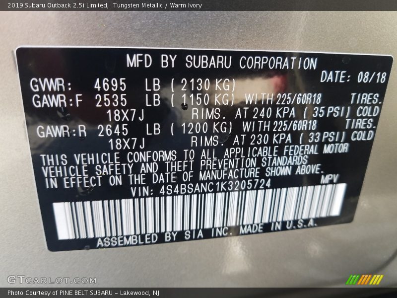 Tungsten Metallic / Warm Ivory 2019 Subaru Outback 2.5i Limited