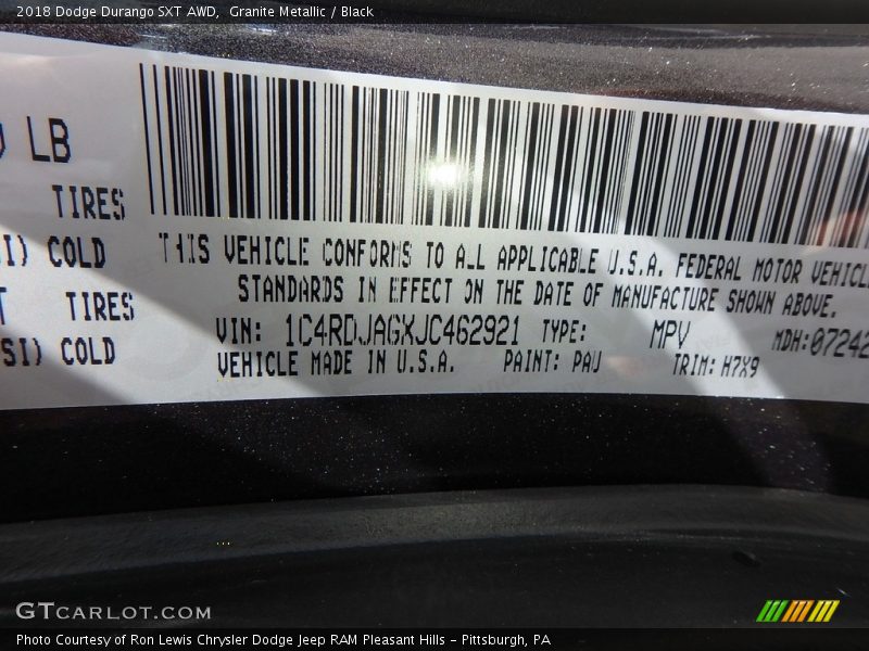 Granite Metallic / Black 2018 Dodge Durango SXT AWD