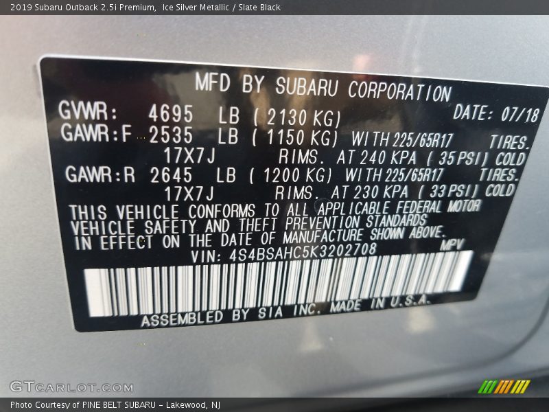 Ice Silver Metallic / Slate Black 2019 Subaru Outback 2.5i Premium