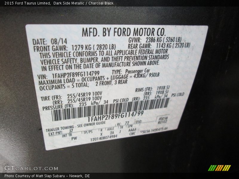 Dark Side Metallic / Charcoal Black 2015 Ford Taurus Limited