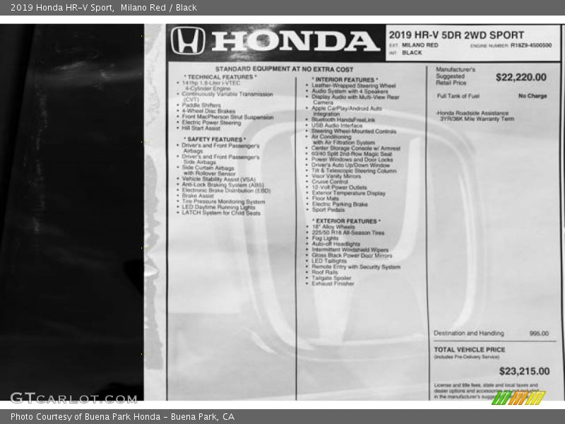  2019 HR-V Sport Window Sticker