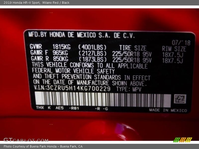 2019 HR-V Sport Milano Red Color Code R81