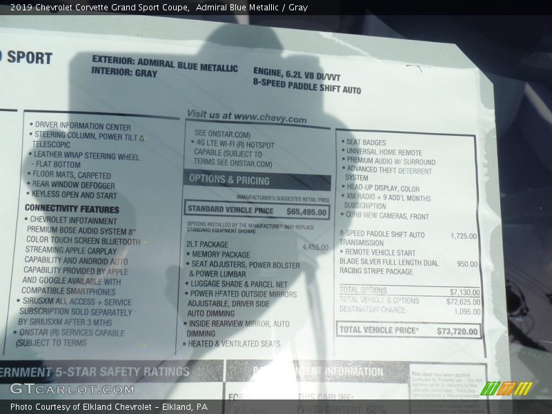 Admiral Blue Metallic / Gray 2019 Chevrolet Corvette Grand Sport Coupe